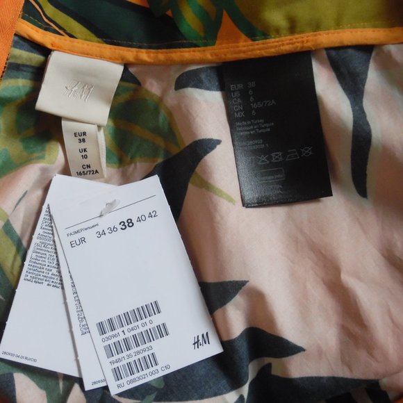 H&M Flared Exotic Leaf Palm Amazon Floral Print Volume Orange Cotton Skirt 6 - Picture 8 of 8